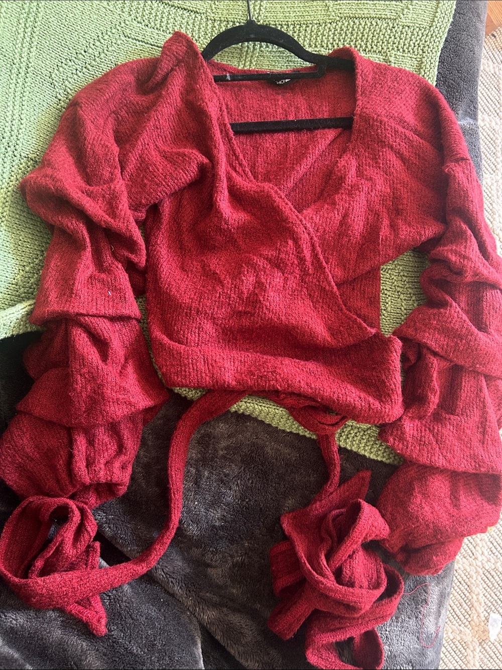 Fashion Nova Deep Red Puff Sleeve Sweater Wrap Cropped Top Large